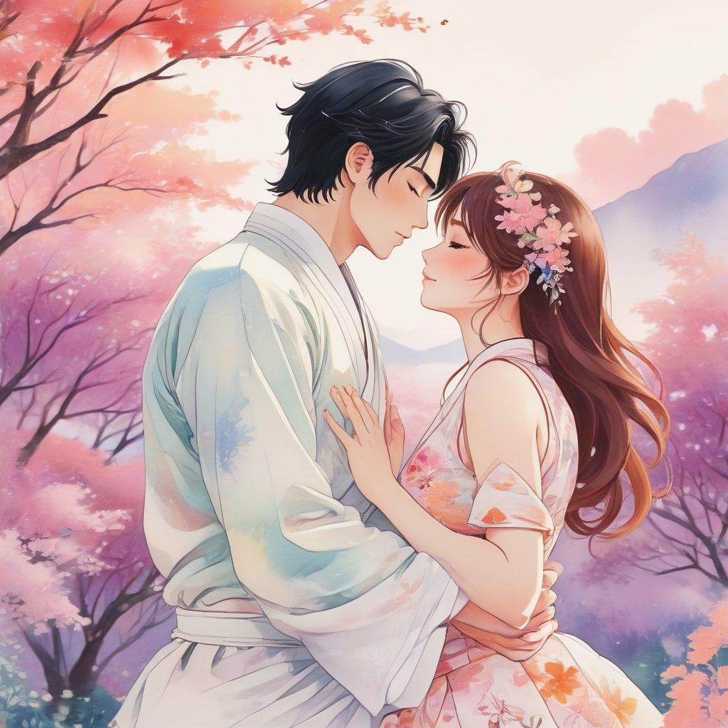 A captivating montage of diverse manga characters showcasing intimate moments and intricate emotions of love stories, interwoven with delicate floral patterns and soft pastel colors. Include subtle hints of eroticism through suggestive postures and expressions, while maintaining an artistic and romantic atmosphere. The background should resemble a dreamy, abstract watercolor landscape to evoke feelings of romance and nostalgia. anime style. vibrant colors. soft focus.