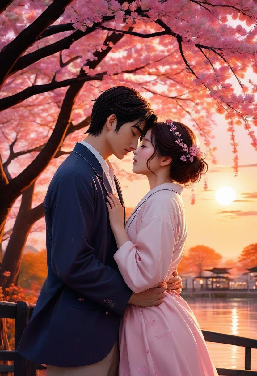 A captivating manga-style illustration of two characters in a romantic embrace under a cherry blossom tree, their expressions filled with passion and longing. Surrounding them are floating manga panels depicting their love story moments, with vibrant colors enhancing the emotional depth. The background features a gentle sunset to evoke a sense of warmth and intimacy. manga art style. vibrant colors. dreamy atmosphere.
