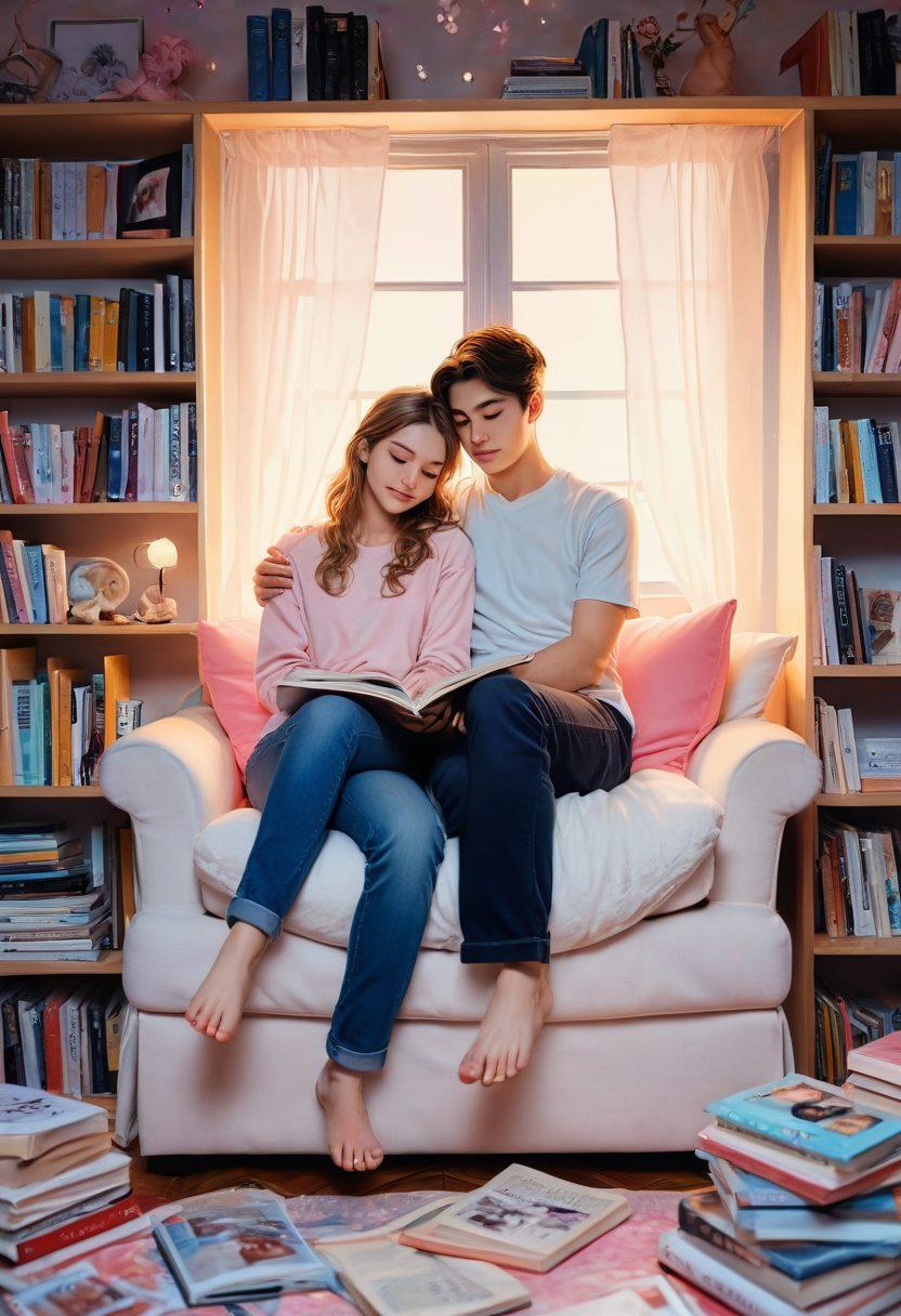 A beautifully illustrated scene of a young couple reading a romantic manga together, surrounded by swirling hearts and vivid illustrations from the manga coming to life around them. The backdrop showcases a cozy, warmly lit room filled with books and art supplies, symbolizing creativity and love. Include soft pastel colors to evoke an emotional atmosphere. digital painting. vibrant colors. warm lighting.